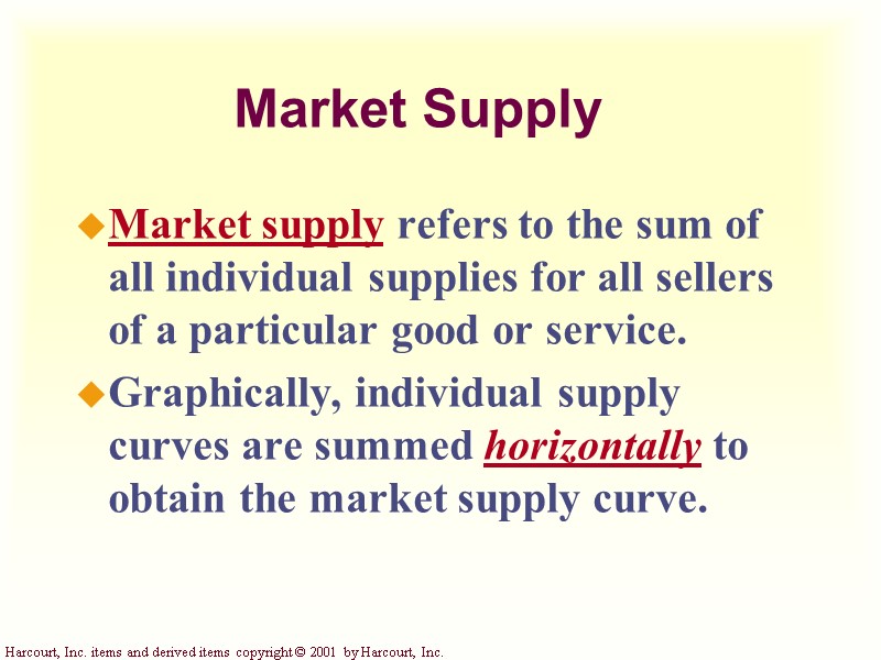 Market Supply Market supply refers to the sum of all individual supplies for all
